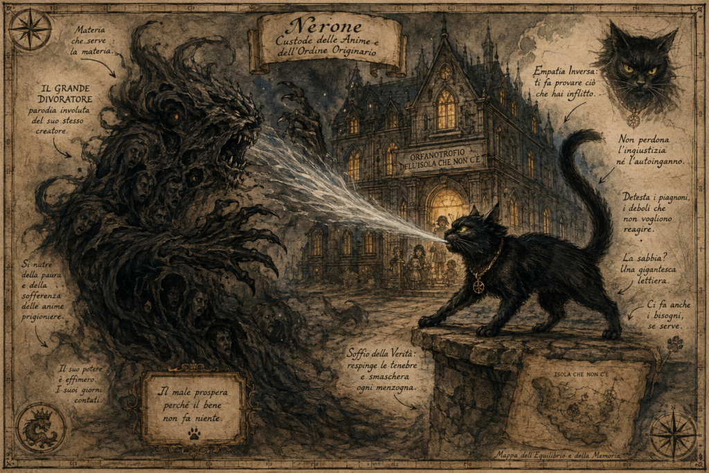 Il gatto Nerone custode delle porte, lotta contro il Divoratore di Anime in Emeth