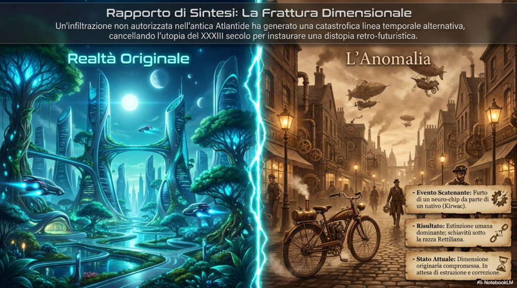 Atlantide prima della distruzione e l'anomalia nel multiverso, dove i rettiliani hanno conquistato la Terra e creato una distopia steampunk