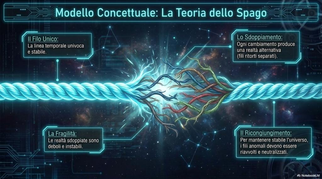 spiegazione di una linea temporale che non è unica , ma può presentarsi come uno spago. attorcigliato, annodato, spezzato