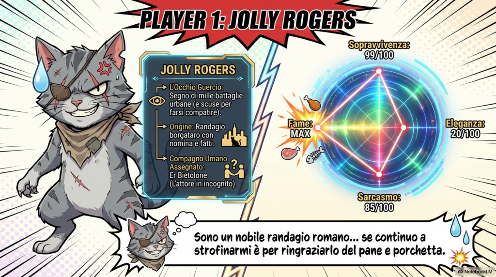Jolly Roger nobile randagio romano che si offre da guida all'attore Chris Blackfeater nella sua visita a Roma