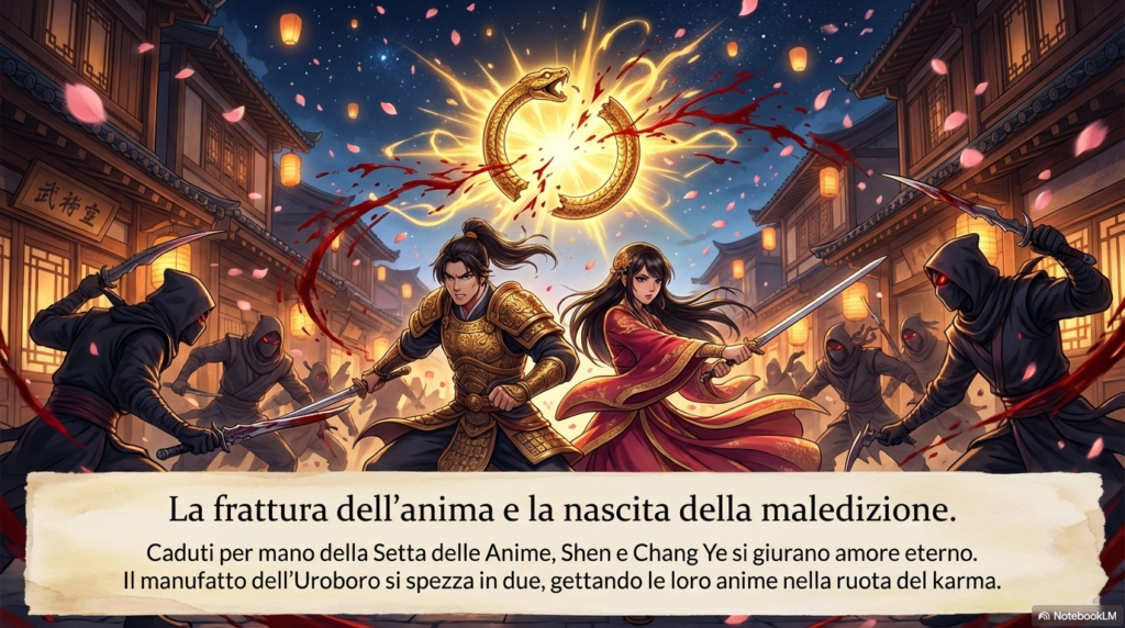 Shen e Cang Ye combattono contro la setta delle Anime, . l'uroboro si spezza separando alcuni frammenti di anima